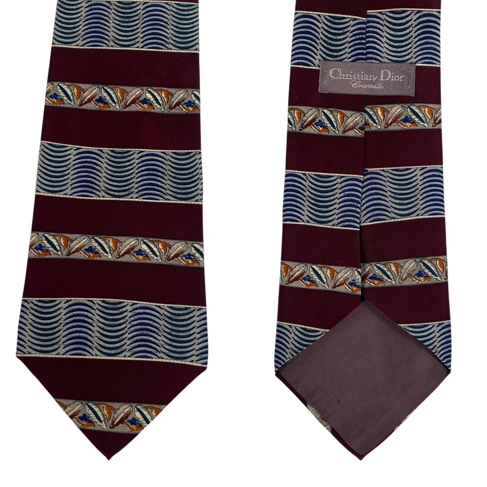Christian Dior‎ Cravate Silk Necktie VTG Burgundy Blue Wave Pattern Tie 57 inch